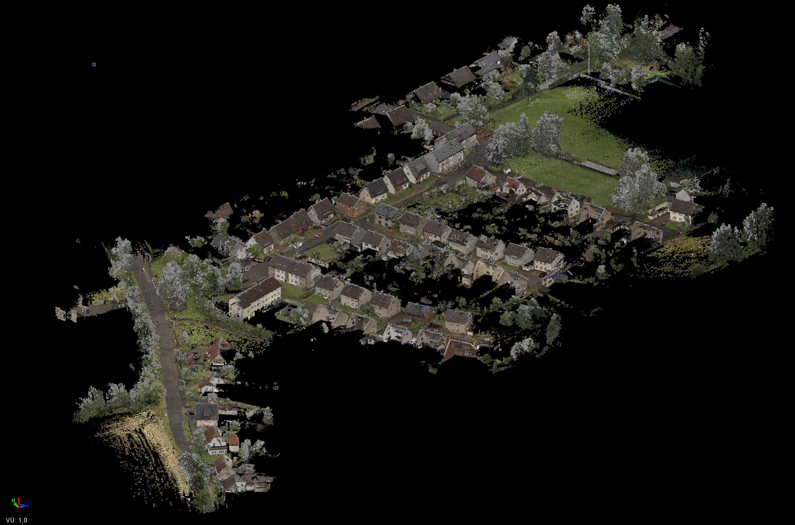 3D-Punktwolke eines Wohngebiets mit Straßen, Gebäuden und Vegetation